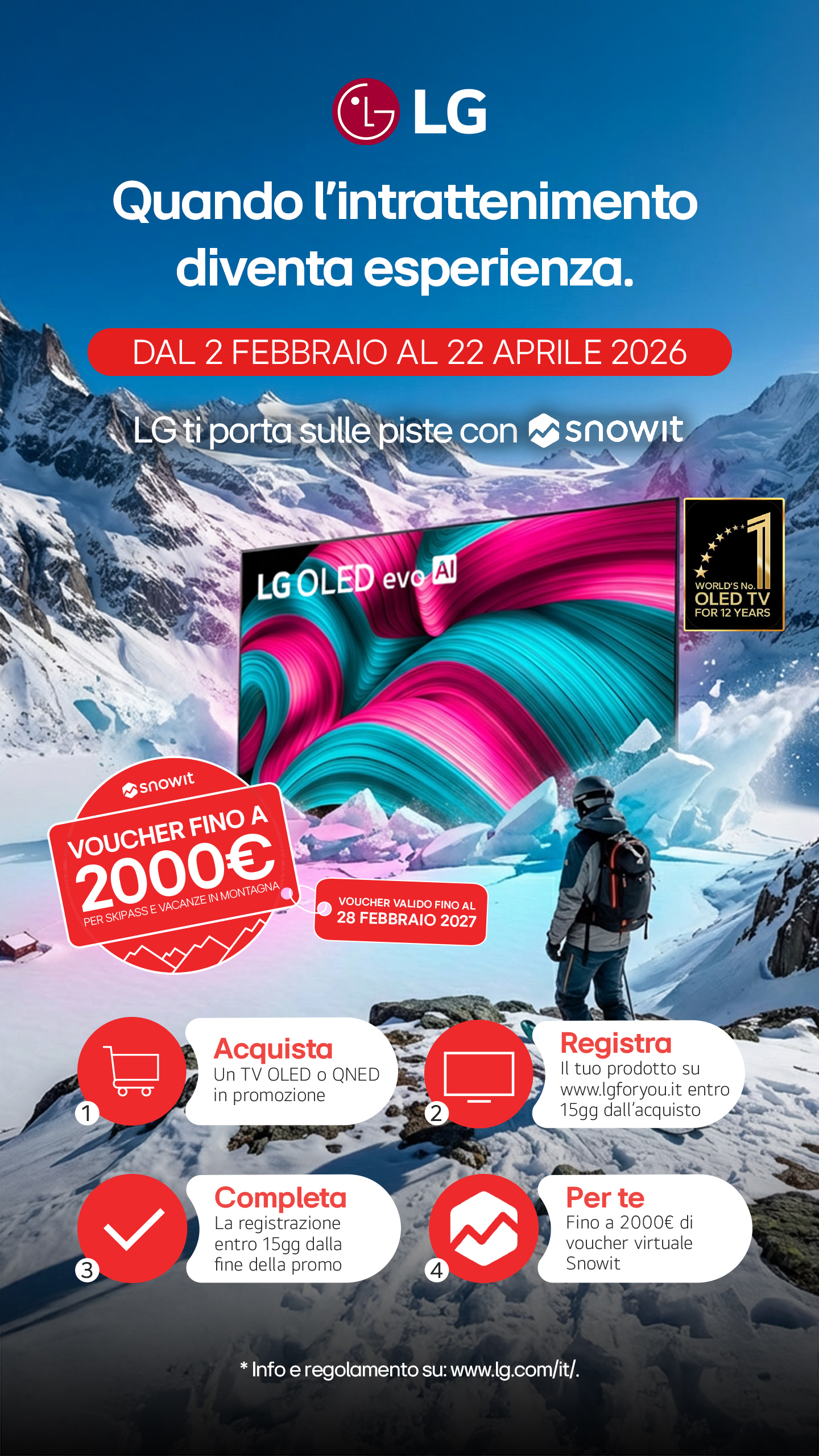 LG: ricevi fino a 2000€ di voucher per skipass e vacanze in montagna