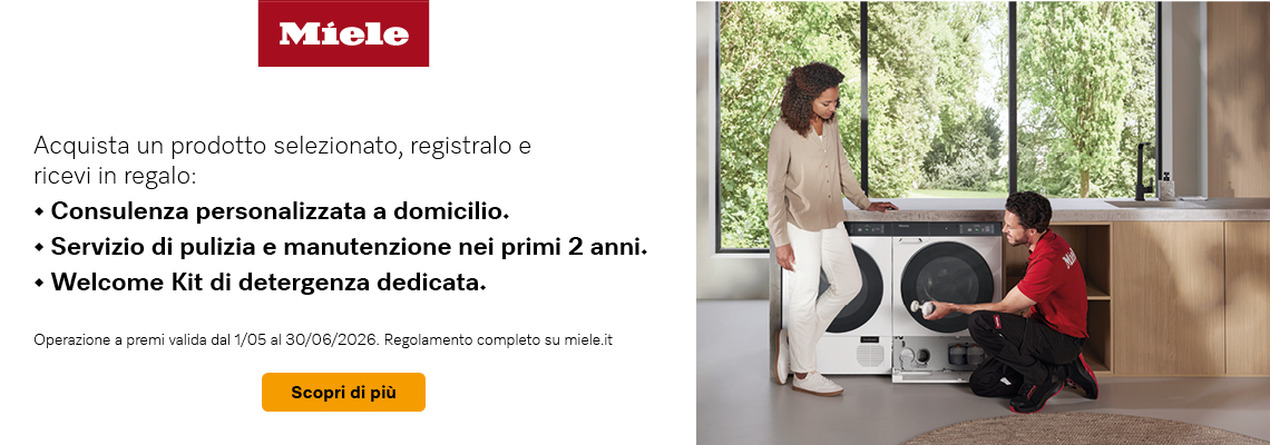 Acquista un prodotto Miele selezionato, registralo e ricevi un regalo: consulenza personalizzata a domicilio, servizio pulizia e manutenzione nei primi 2 anni e Welcome Kit di detergenza dedicata. Promozione valida falò01.05 al 30.06