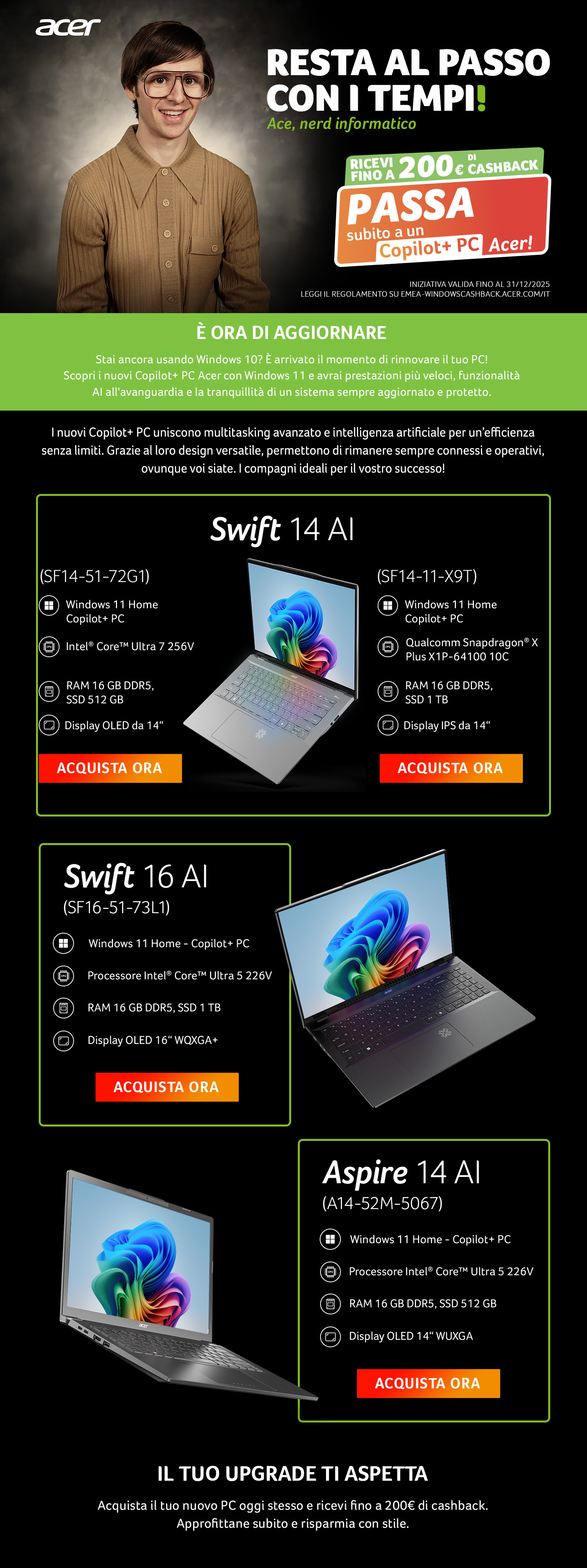 Acer Copilot+ PC: ricevi fino a 200€ di rimborso