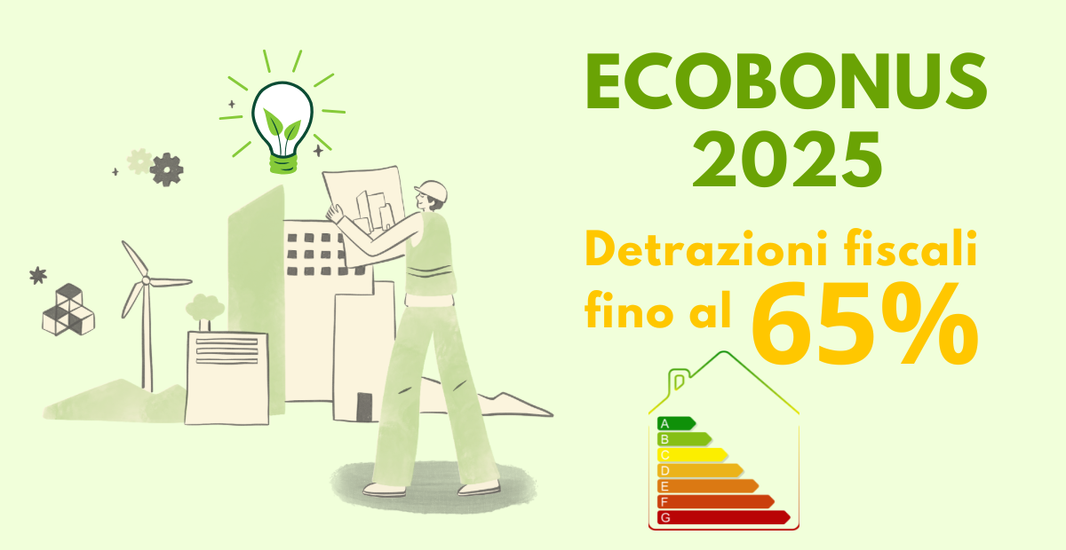 ECOBONUS 2025. Una città ecologica, con sfondo verde e la classificazione delle diverse classi energetiche. Una lampadina verde con le foglie.